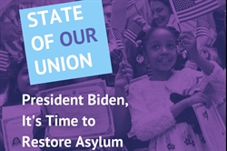 [ai] A poster featuring a young girl holding a certificate and smiling, surrounded by others waving flags. Text highlights include 'STATE OF OUR UNION' and 'President Biden, It's Time to Restore Asylum'.